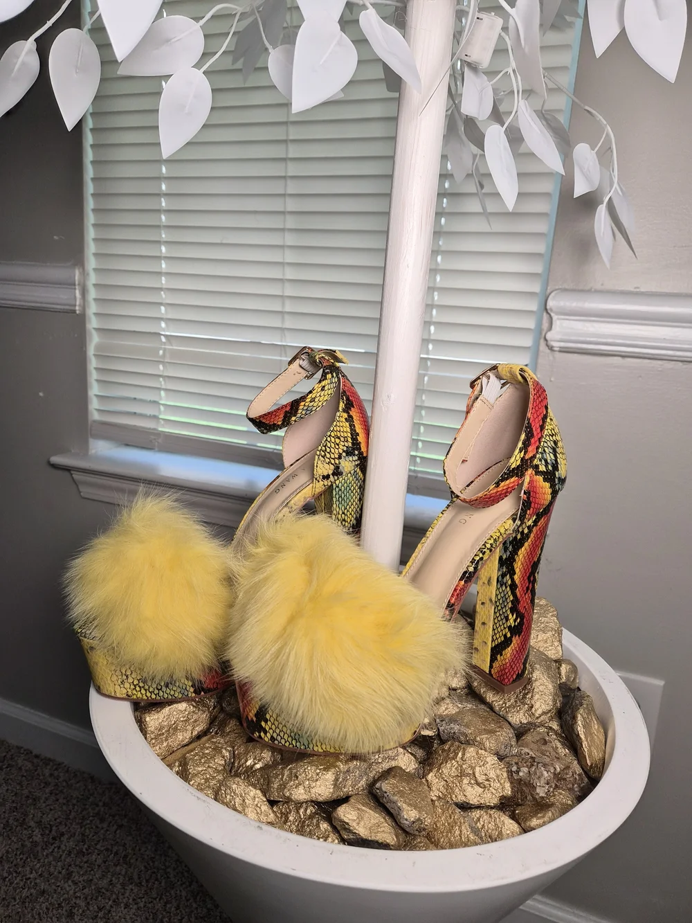 Yellow Snake-Print Platform Heels with Yellow Fur Pom